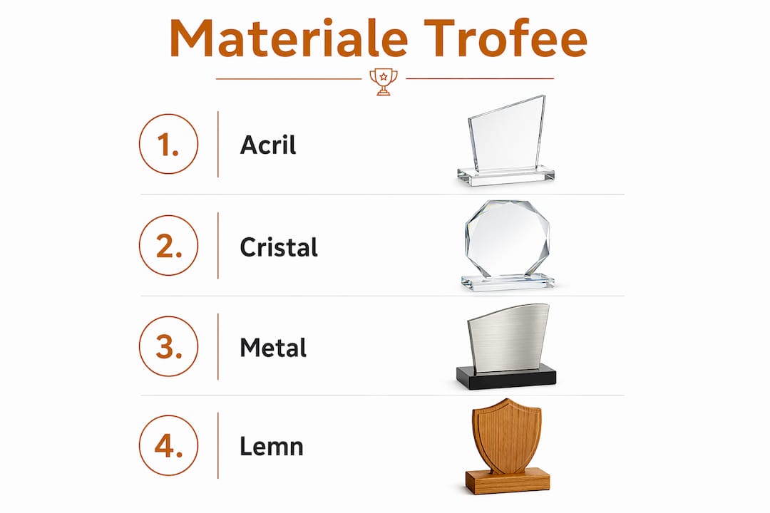 Infografic despre tipurile de materiale folosite pentru realizarea trofeelor personalizate