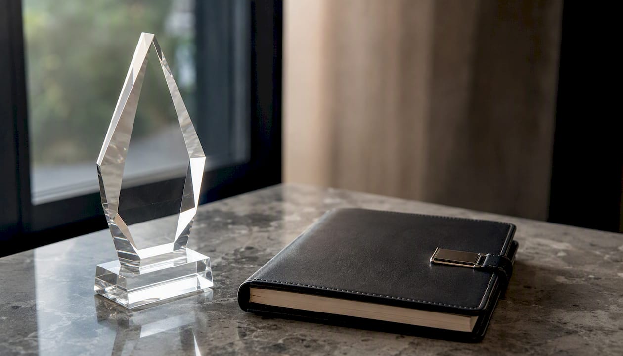 Trofeu din cristal personalizat și agendă elegantă, așezate pe o suprafață de in.