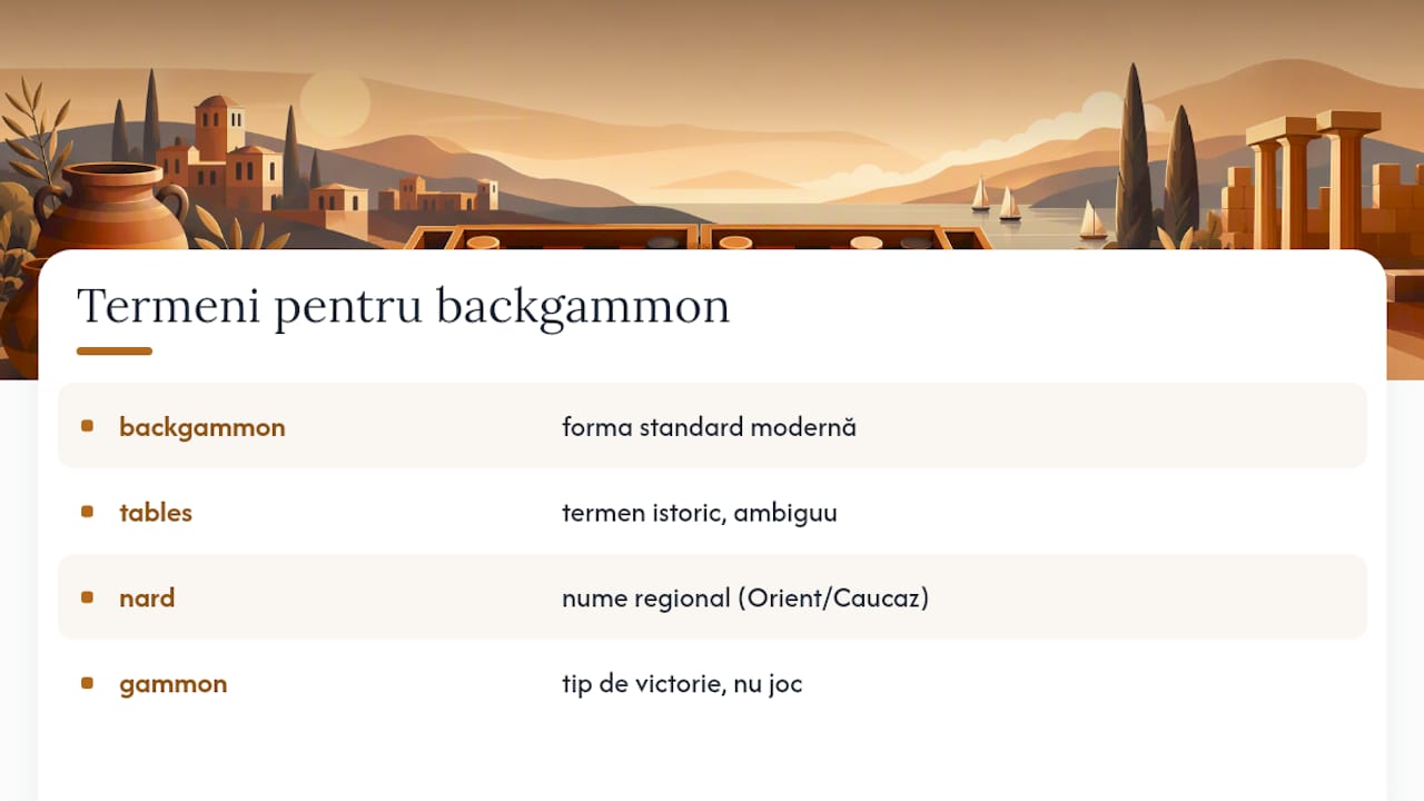 Compararea a patru termeni asociați cu backgammon