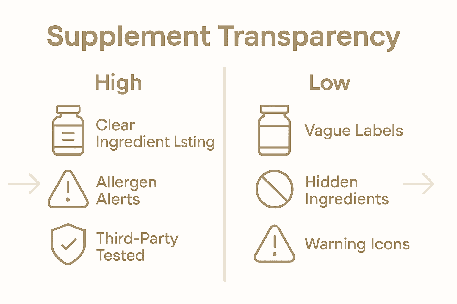 Infographic comparing high and low supplement transparency with icons and arrows