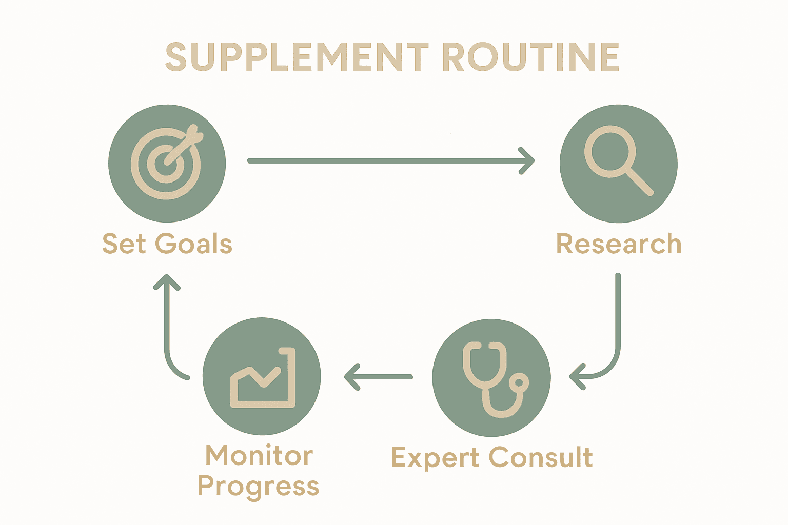 Infographic visualizing the 5-step supplement routine process with icons and arrows.