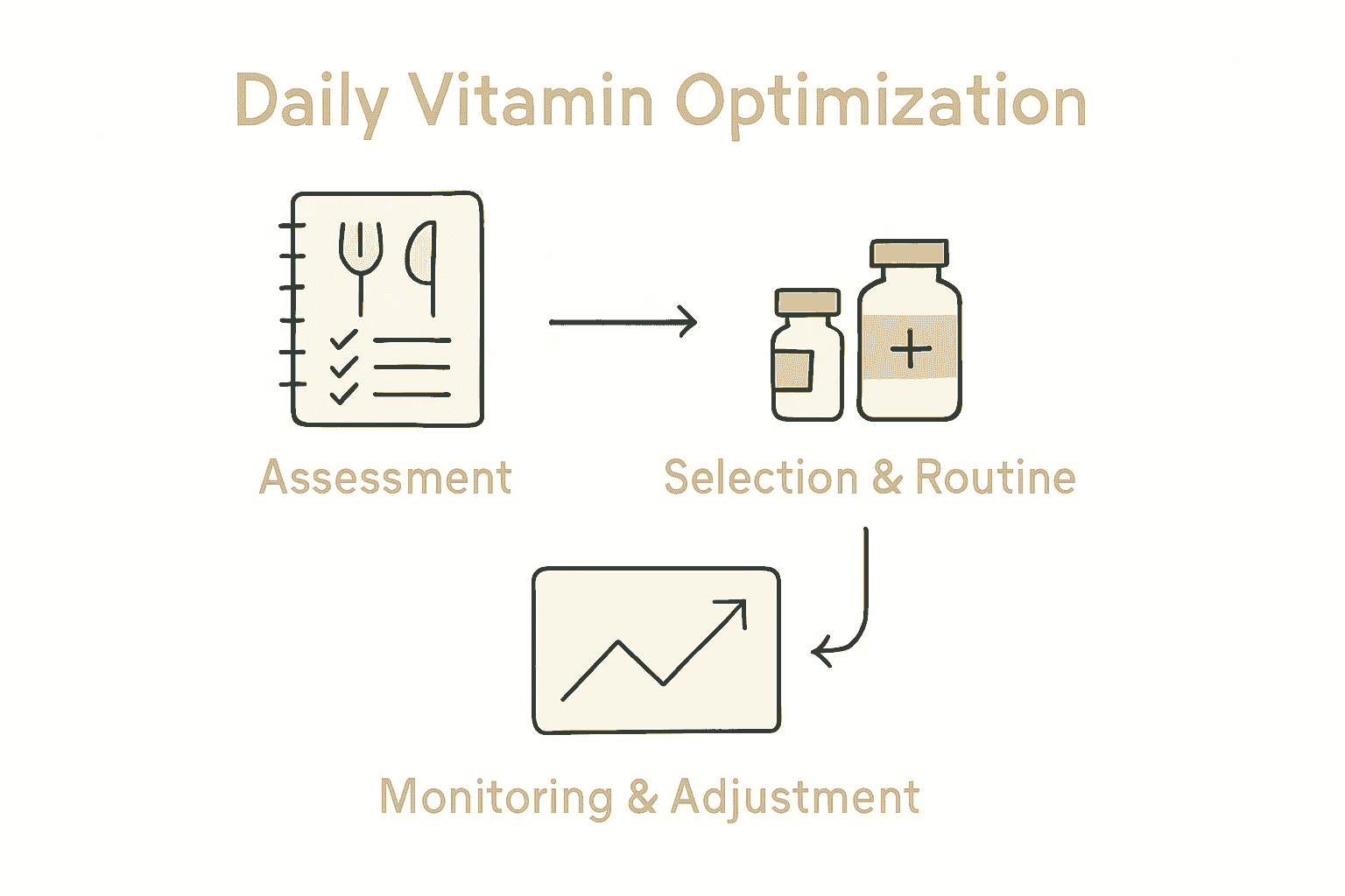 Infographic showing daily vitamin optimization steps with icons for assessment, routine, and progress monitoring.