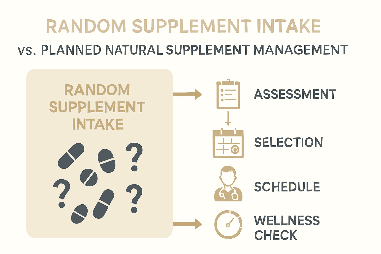 Infographic comparing random intake with structured natural supplement management steps