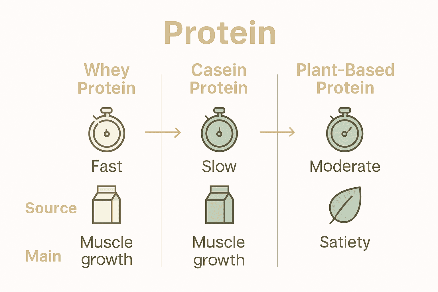 Infographic comparing whey, casein, and plant protein types showing absorption rates, sources, and key benefits.