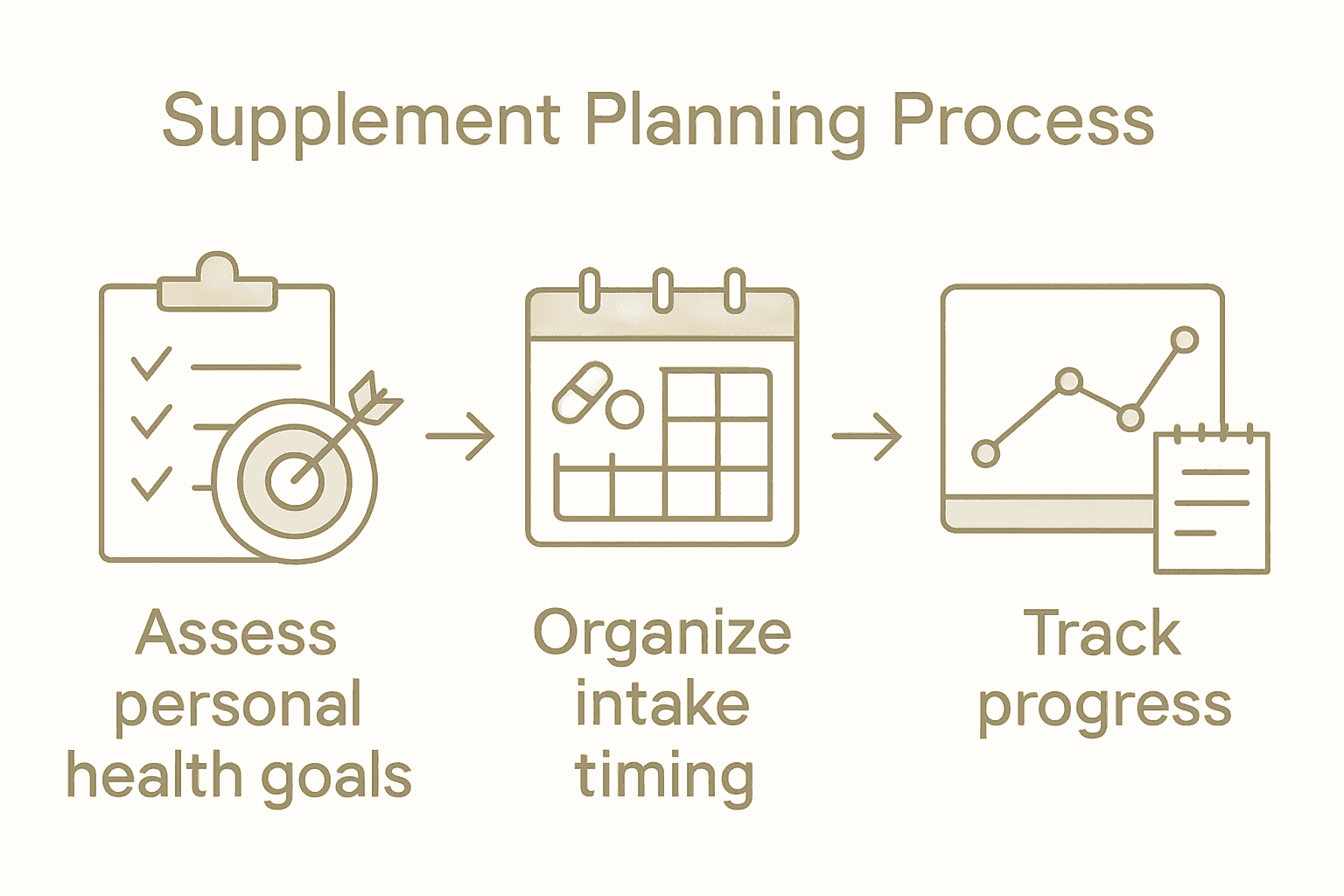 Three-step supplement scheduling infographic with checklist, schedule chart, and progress graph.