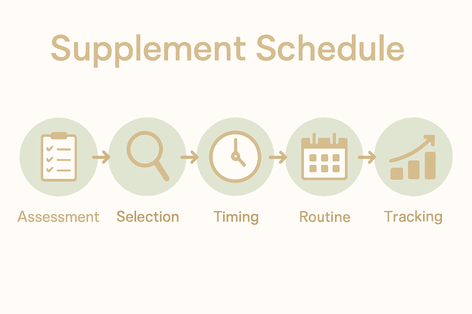 Five step supplement schedule process infographic with icons and arrows