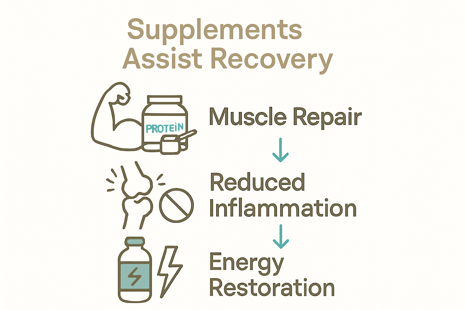 Infographic showing muscle repair, reduced inflammation, and energy restoration benefits of supplements.