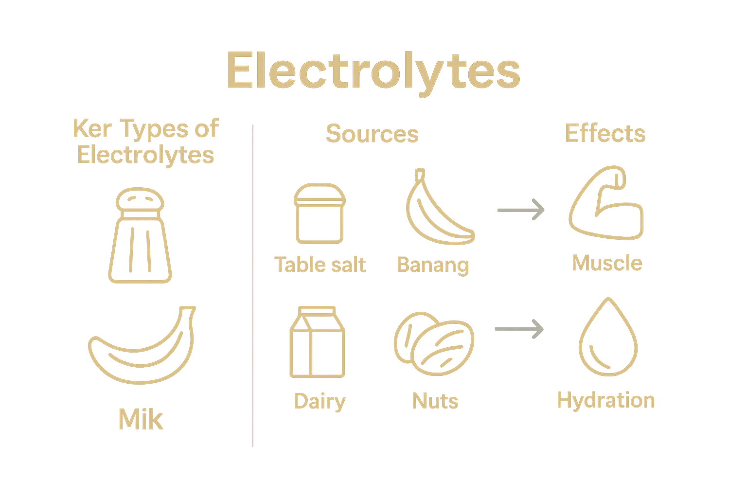 Infographic comparing electrolyte types, sources, and body effects