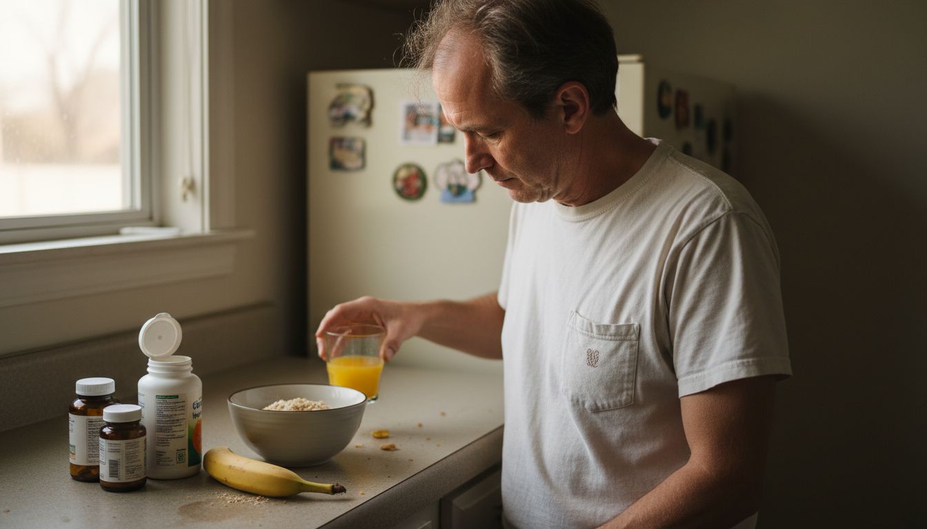 Man takes vitamins at breakfast in kitchen