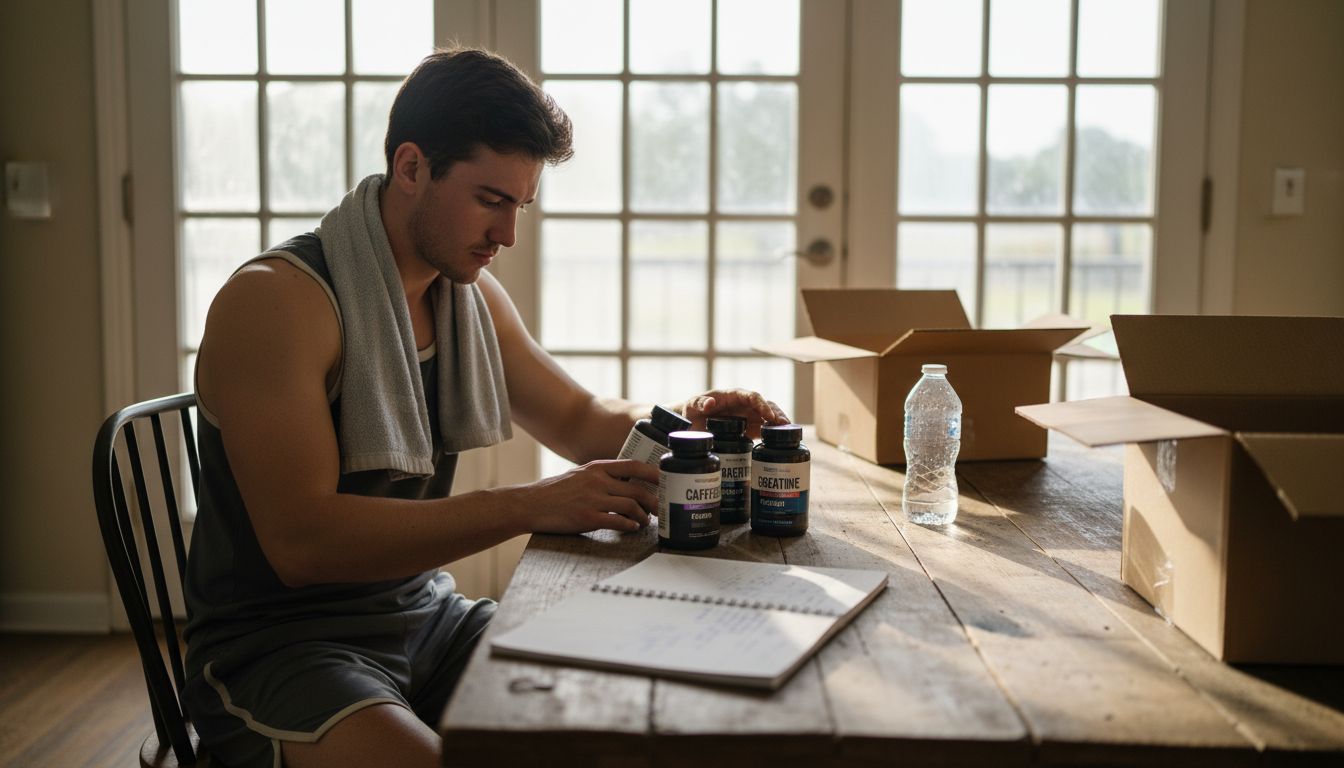 Athlete compares various energy supplement bottles