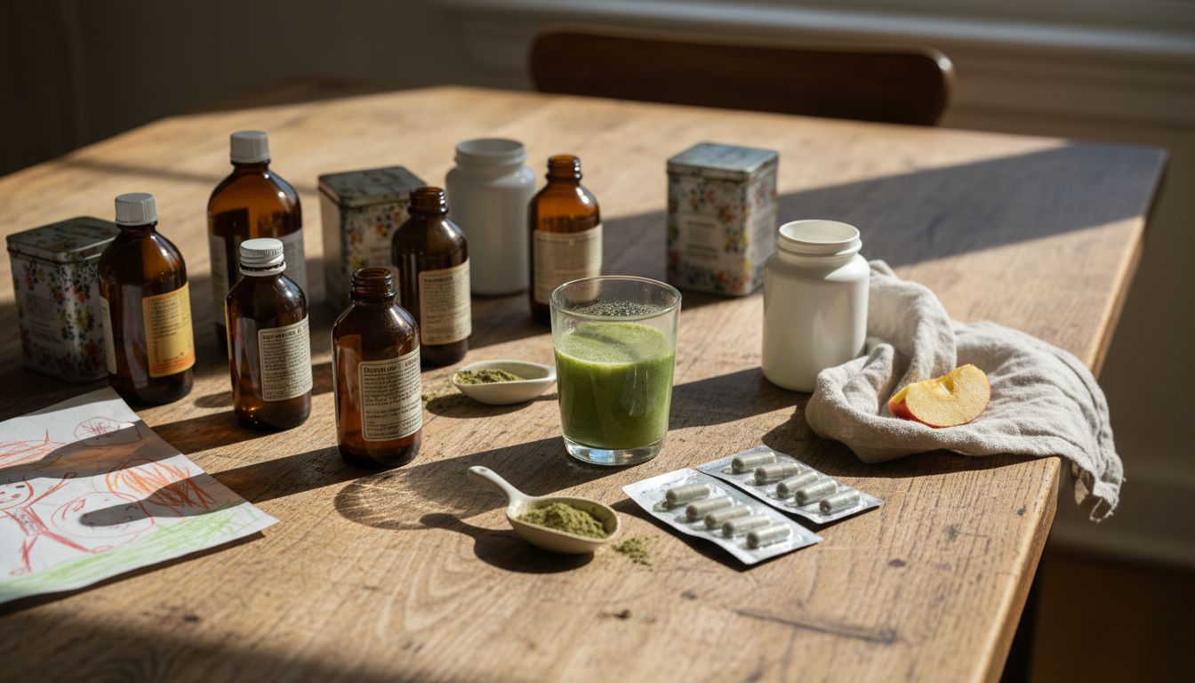 Assorted herbal supplements and powders on table