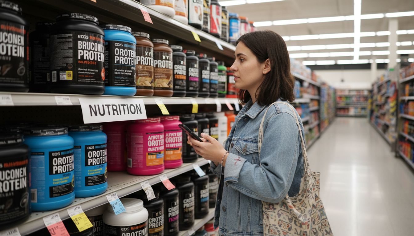 Woman comparing protein powders at grocery