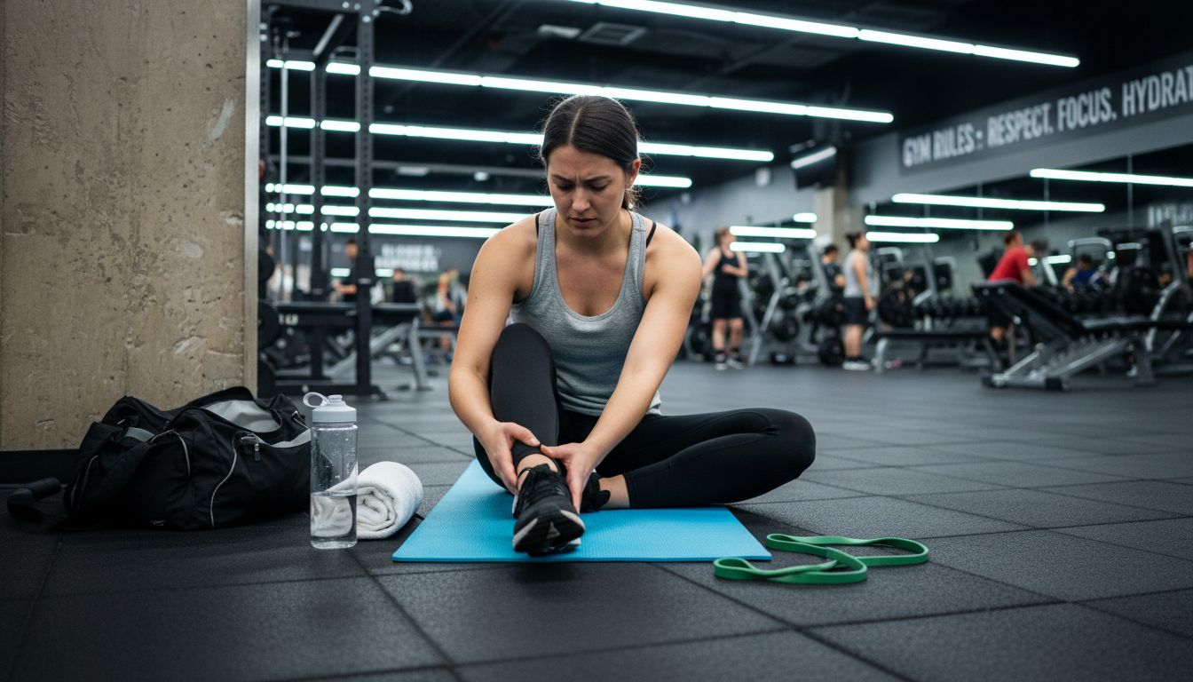 Woman stretching for muscle recovery in gym