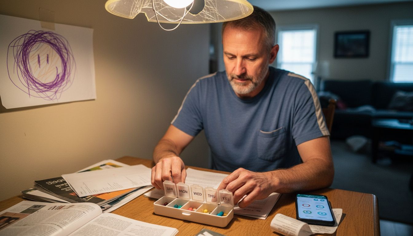 Man sorting pills into weekly organizer