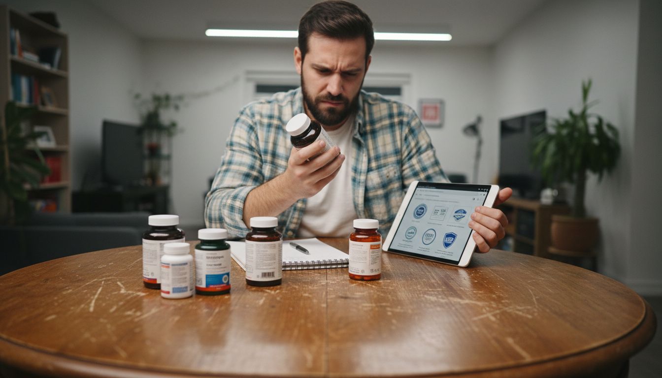 Man comparing supplement bottle labels