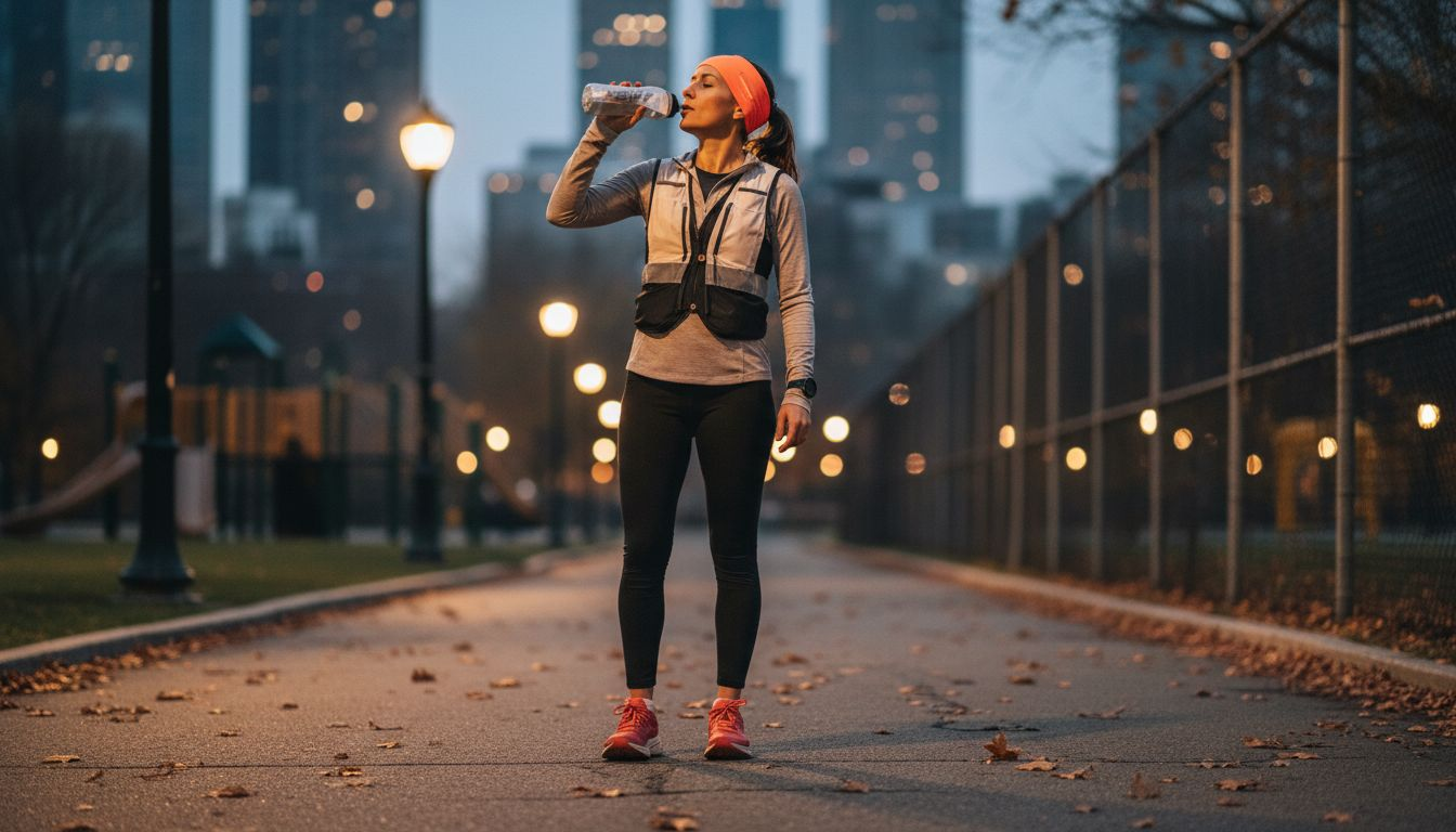 Runner hydrating during evening workout