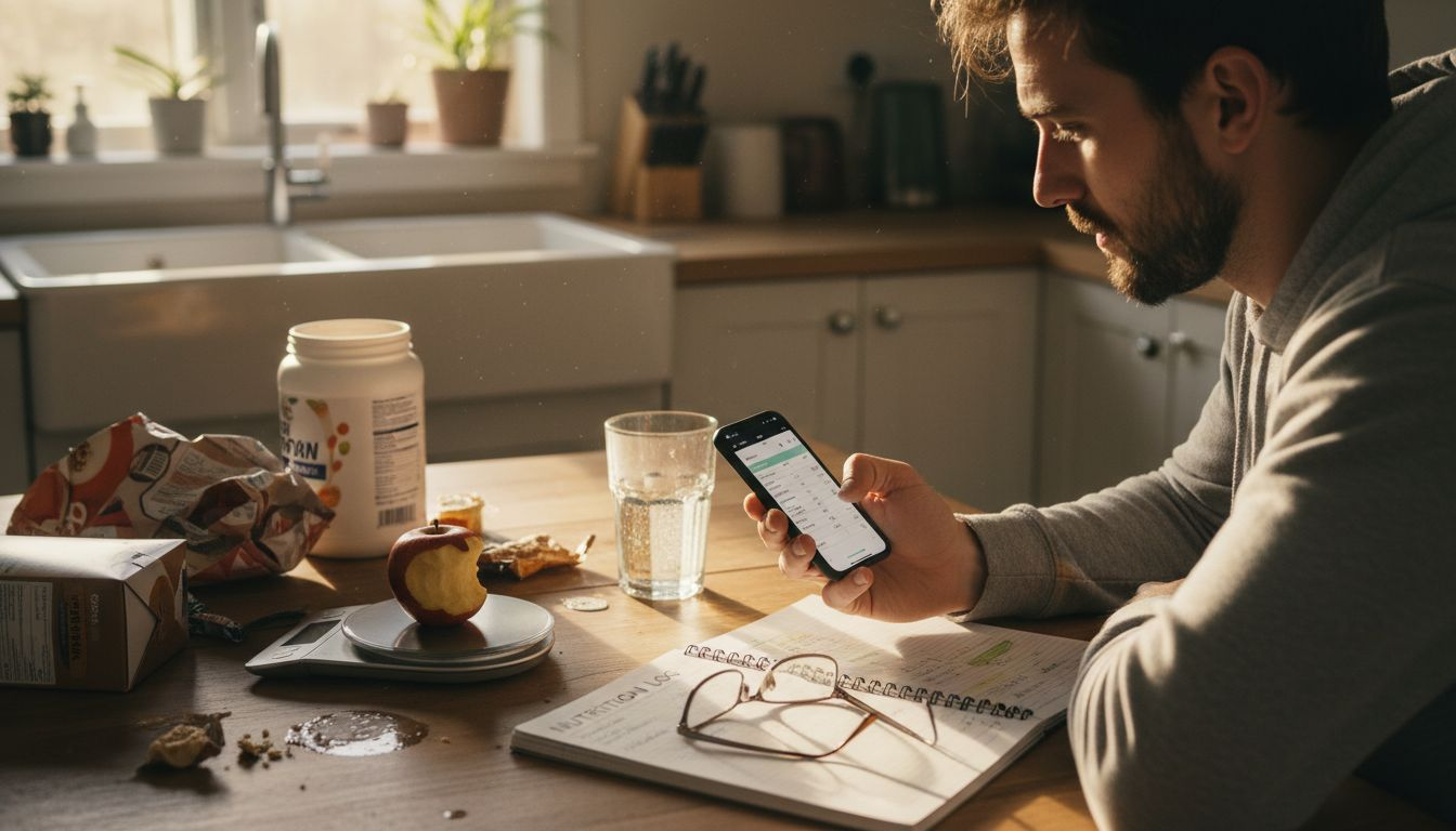 Man logging nutrition at kitchen table