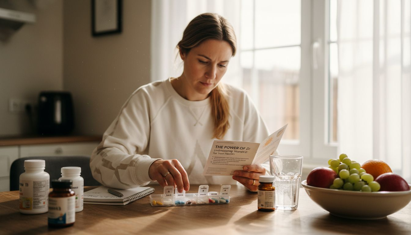 Woman preparing supplements at sunlit kitchen table