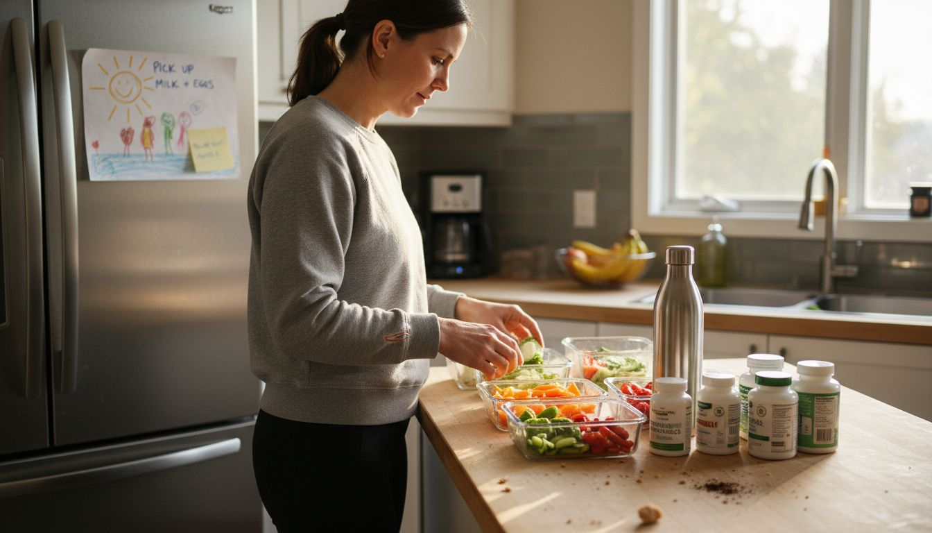 Woman organizing supplements for meal prep