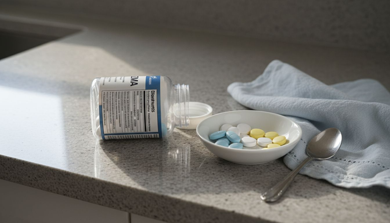 ZMA supplement bottle and tablets close up