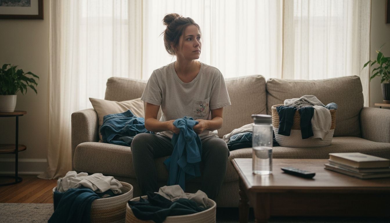 Tired woman folding laundry in bright home