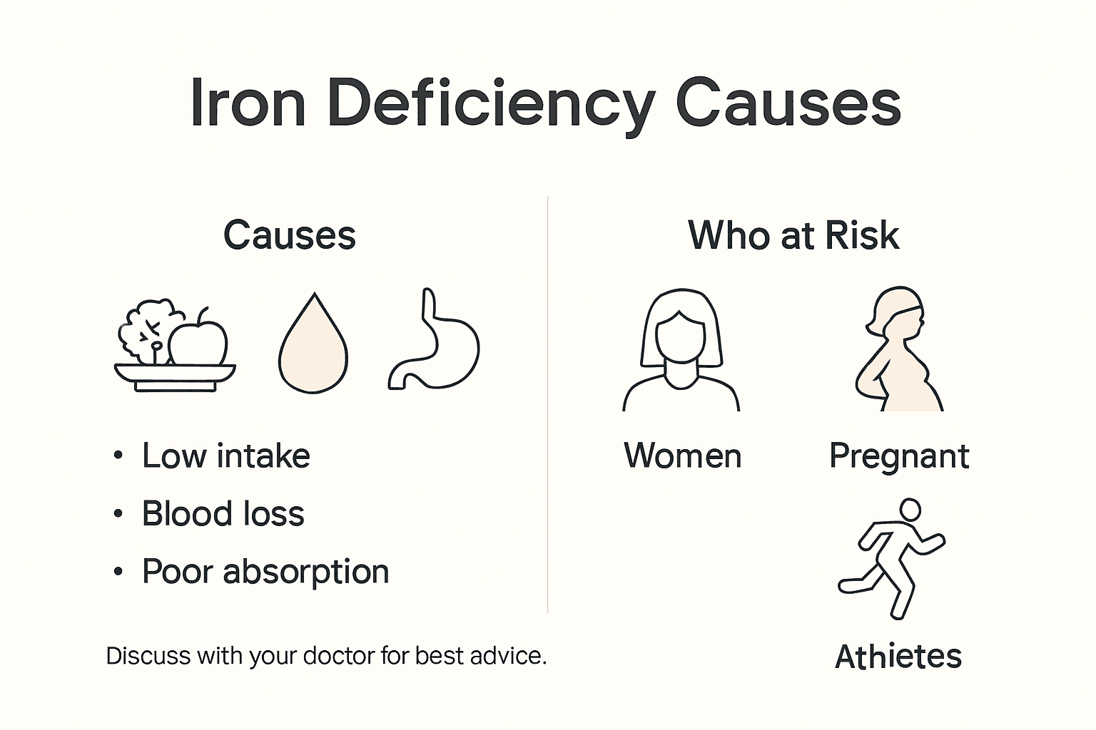 Infographic showing iron deficiency causes and risk groups
