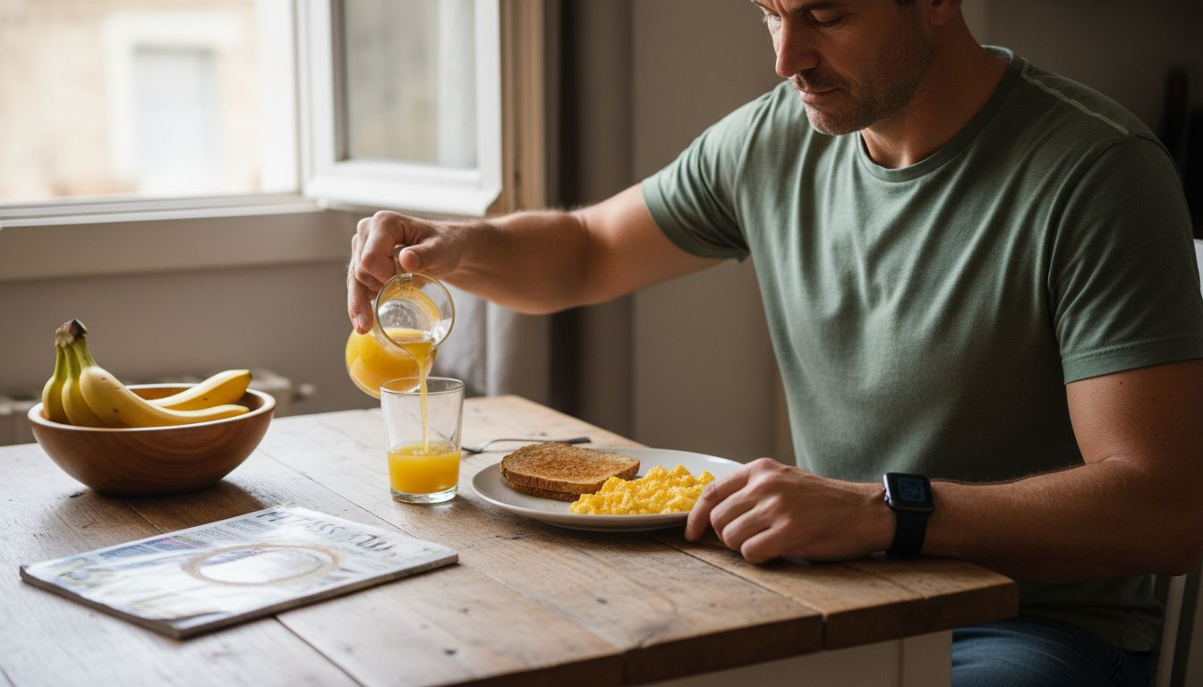 Man having vitamin-rich breakfast at table