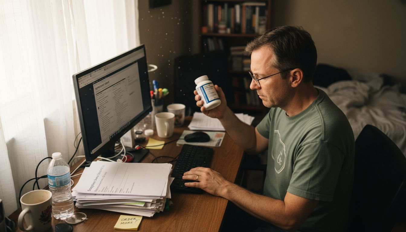 Man comparing supplement products at desk