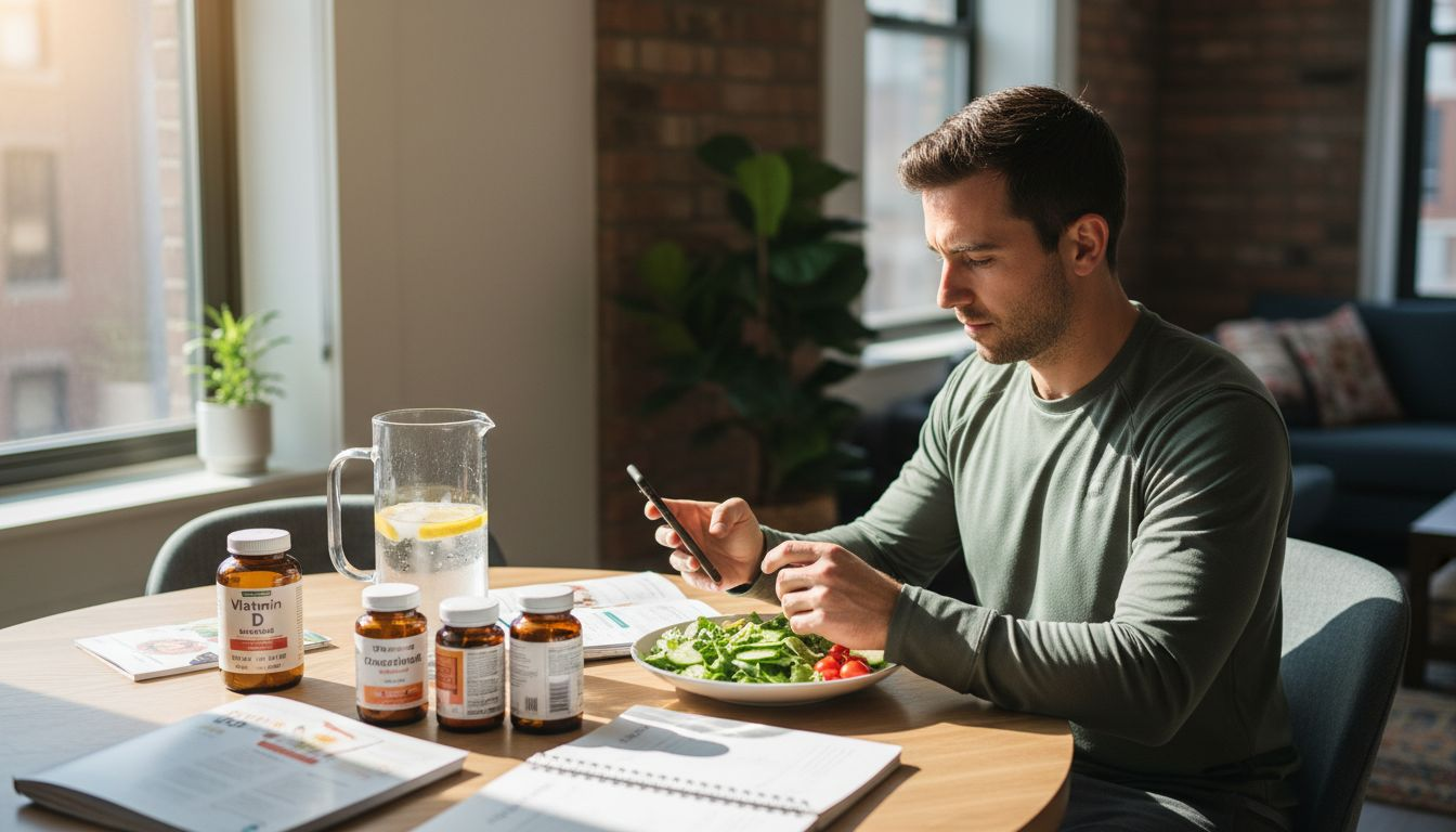 Man organizing vitamins and hydration supplies