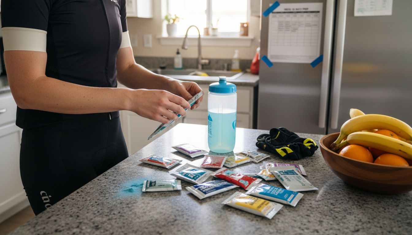 Cyclist choosing electrolyte supplements in kitchen