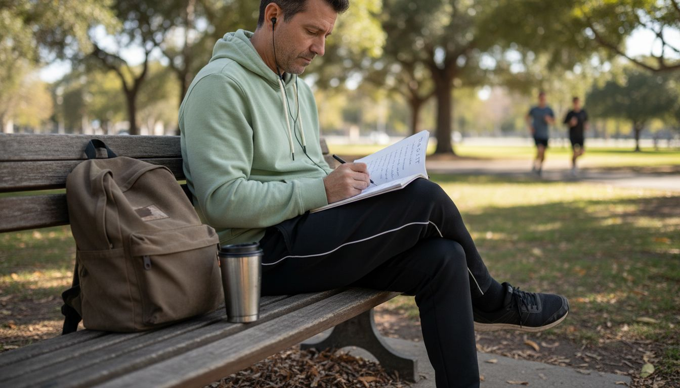 Man prioritizing wellness on park bench