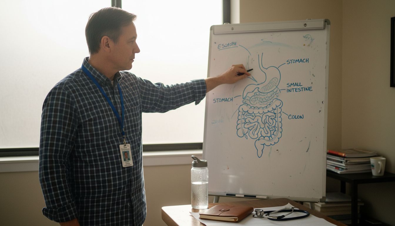 Doctor explaining hand-drawn digestive system diagram
