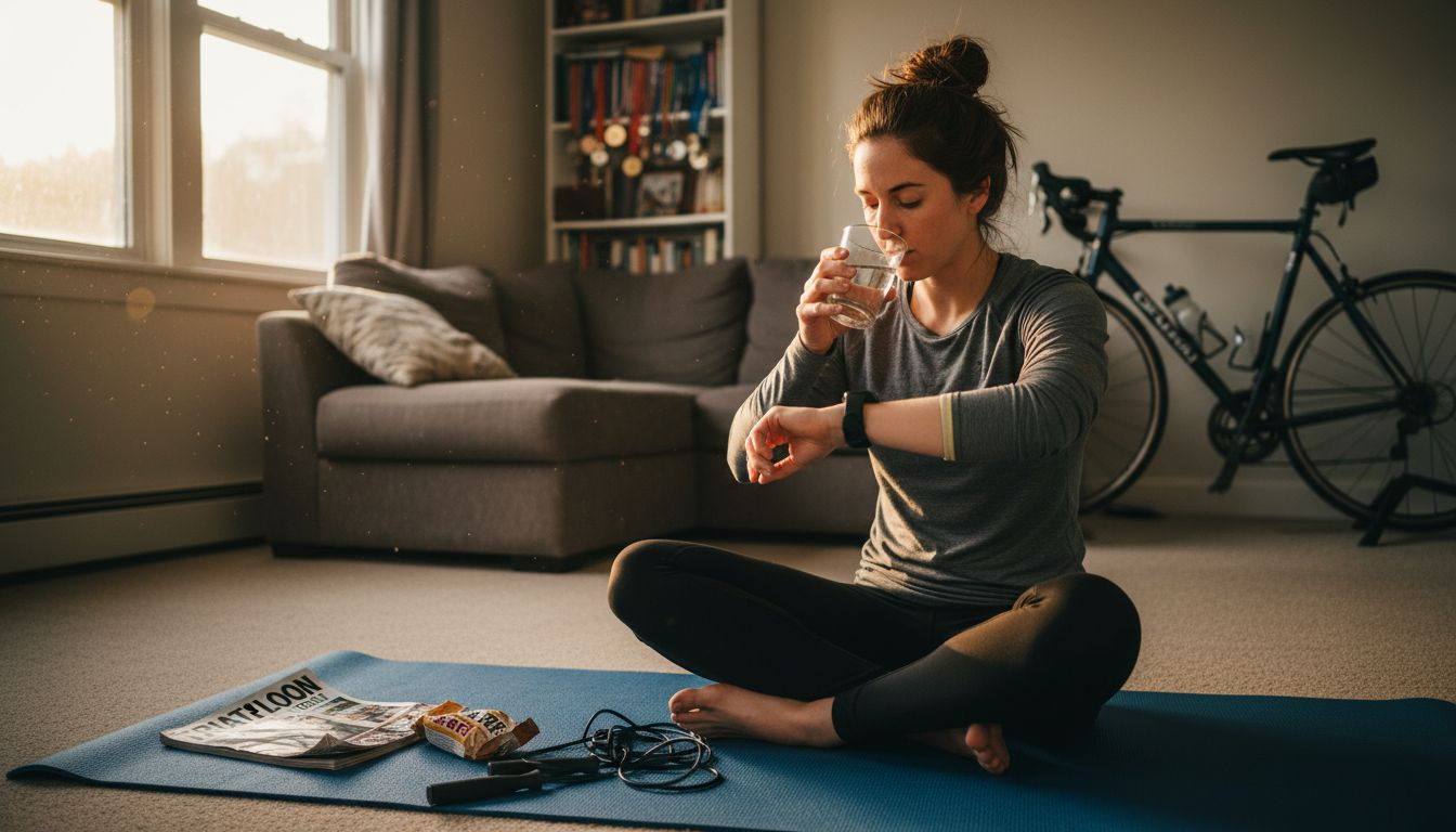 Triathlete relaxing after exercise at home