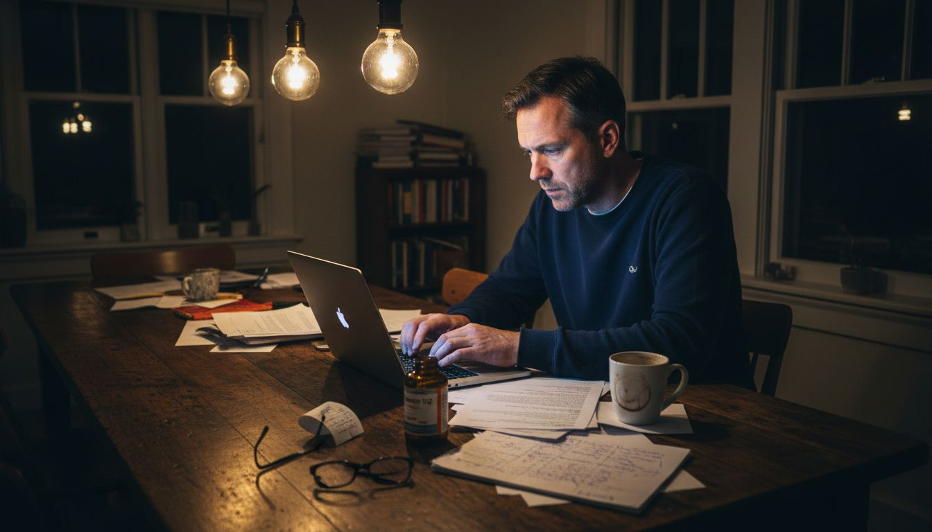 Man working late with vitamin B12 bottle