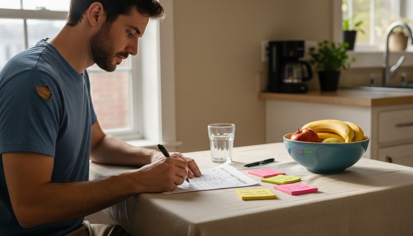 Man tracking daily wellness habits at kitchen table