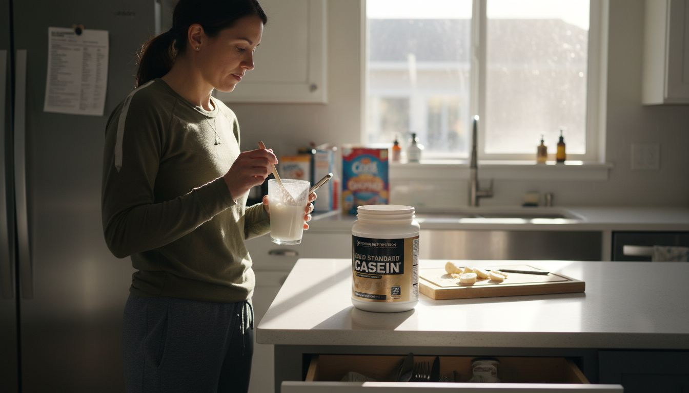 Woman mixing casein protein drink kitchen