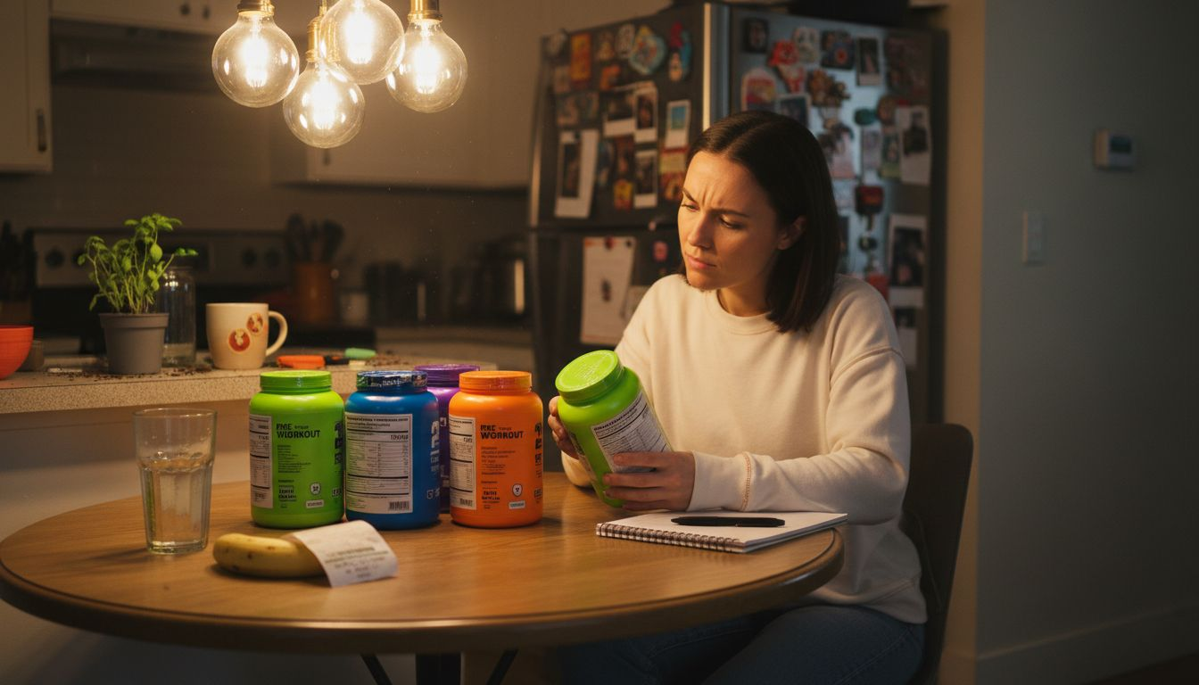 Woman compares pre workout supplement tubs