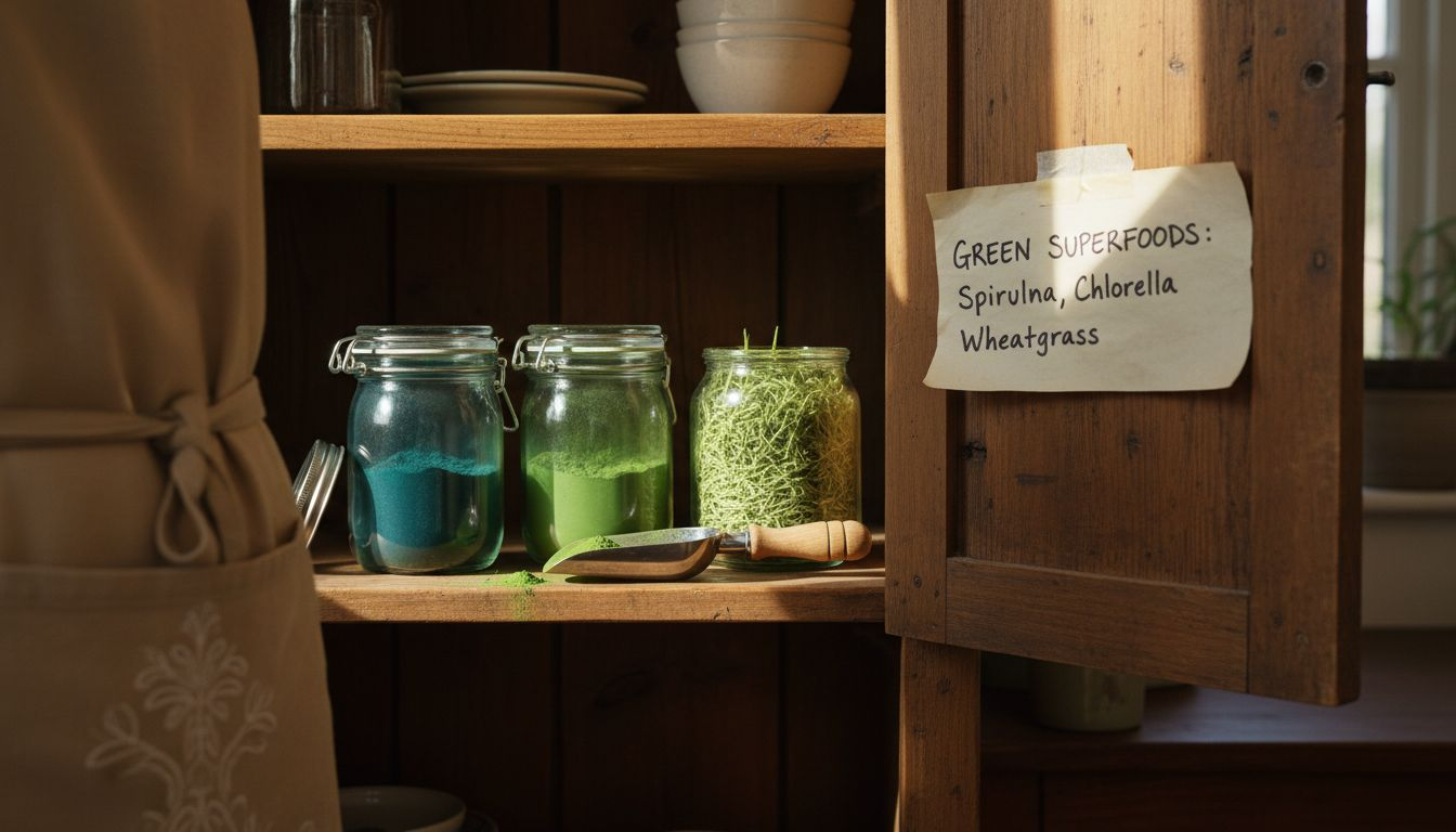 Pantry shelf of green superfood ingredients