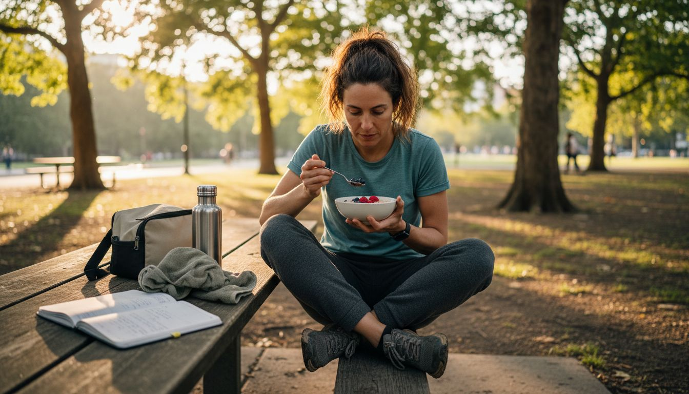 Woman eating healthy breakfast after exercise