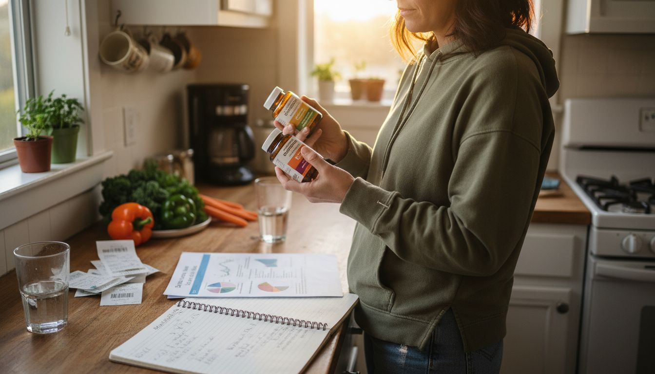 Woman selecting supplements in kitchen
