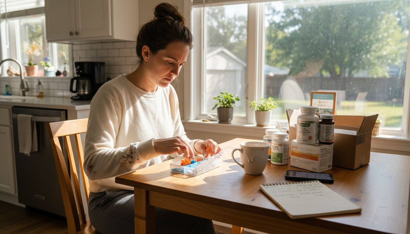 Woman scheduling supplements at home table