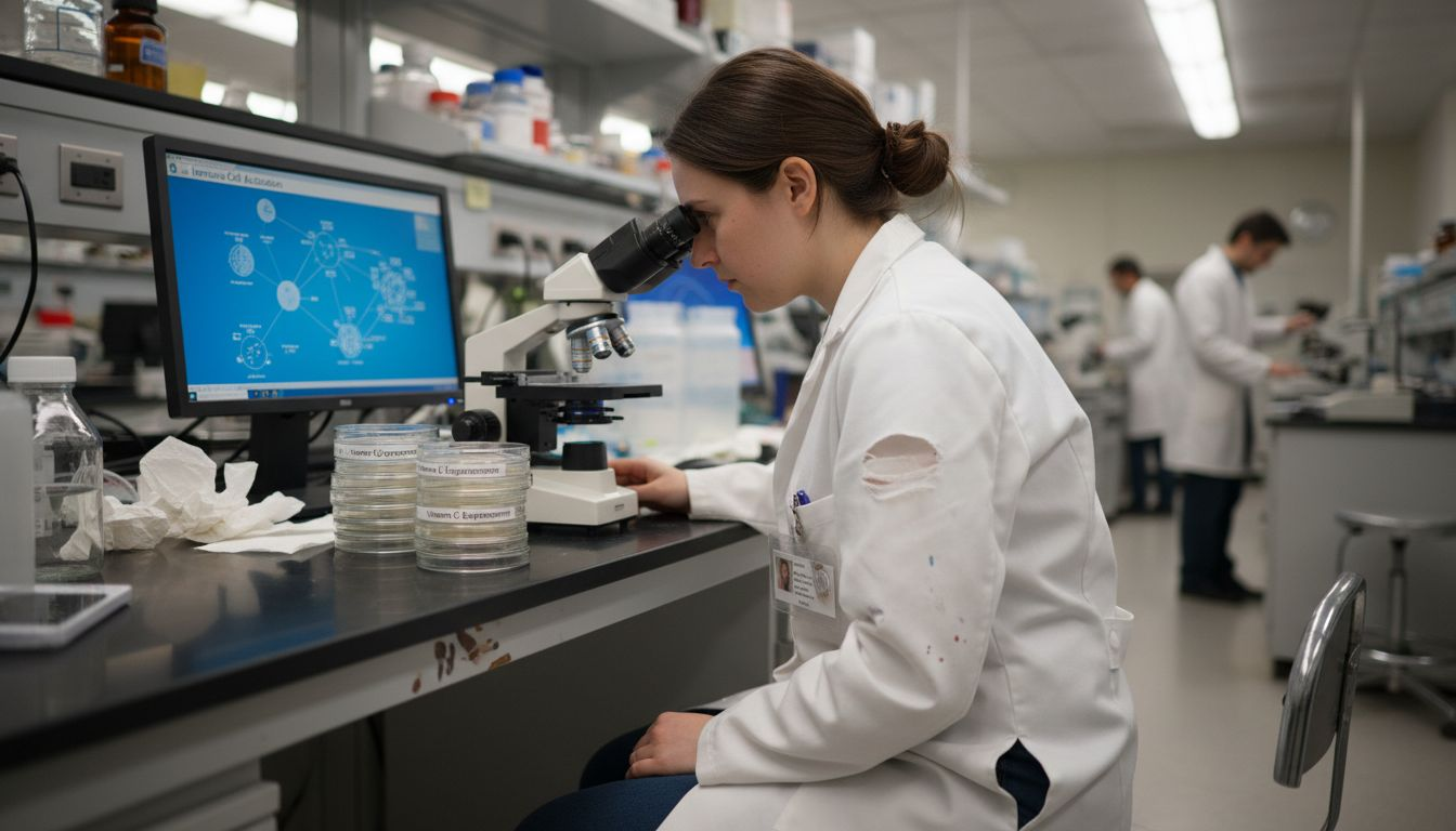 Technician analyzing immune cell experiment