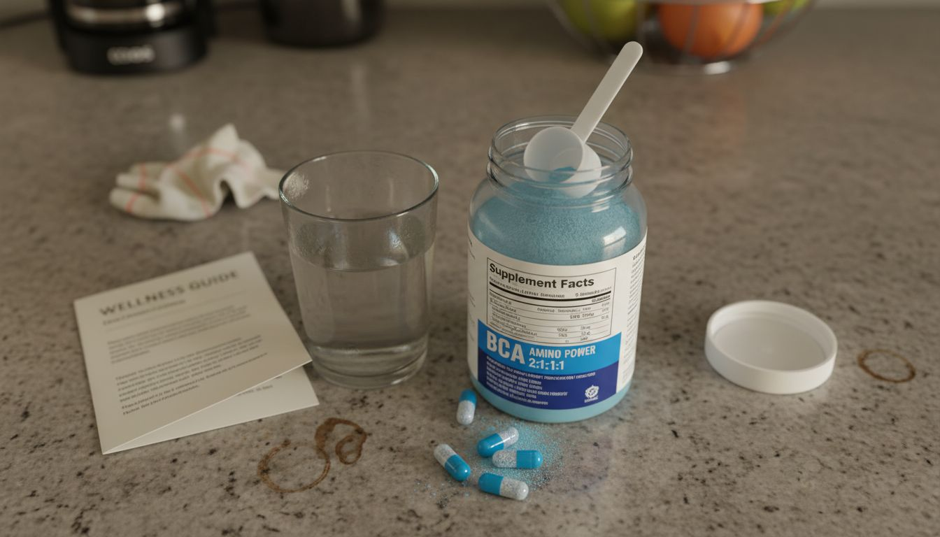 Closeup BCAA bottle with supplement facts