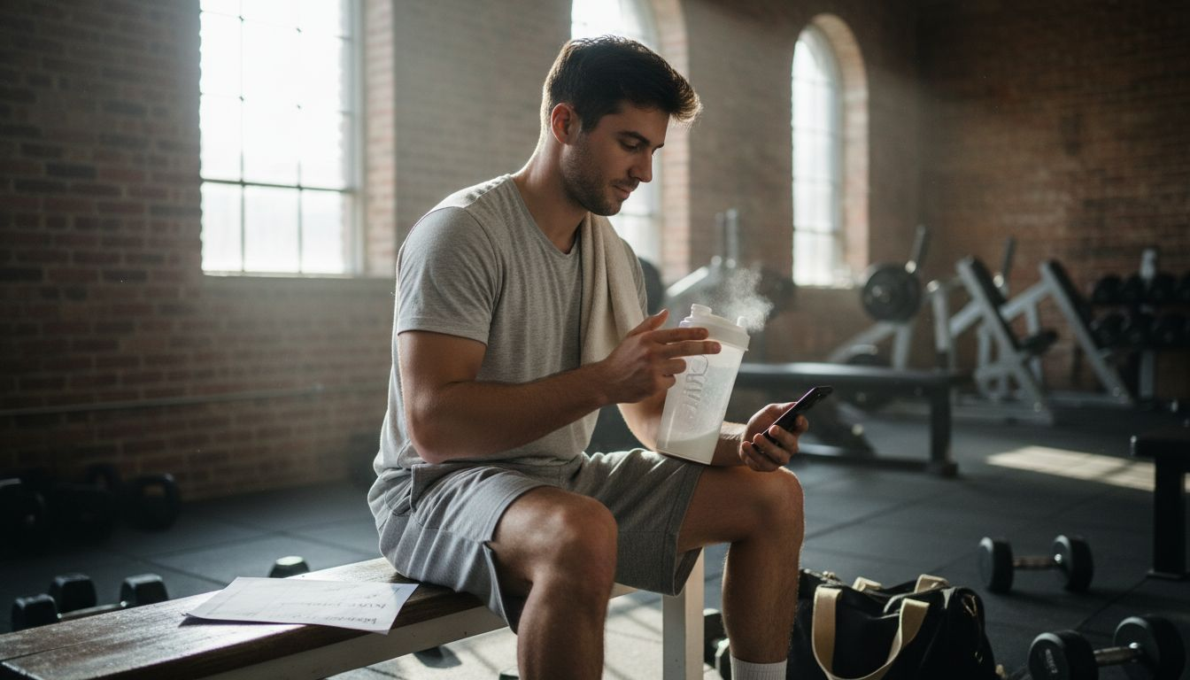 Man mixing protein shake in gym