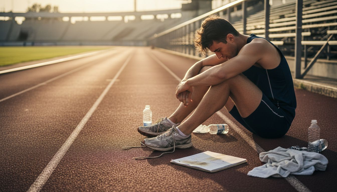 Exhausted runner sits on track after workout