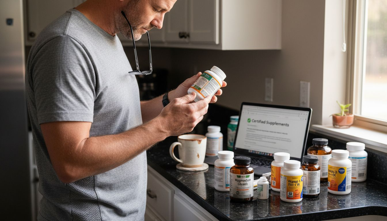 Man checking supplement bottle label at counter