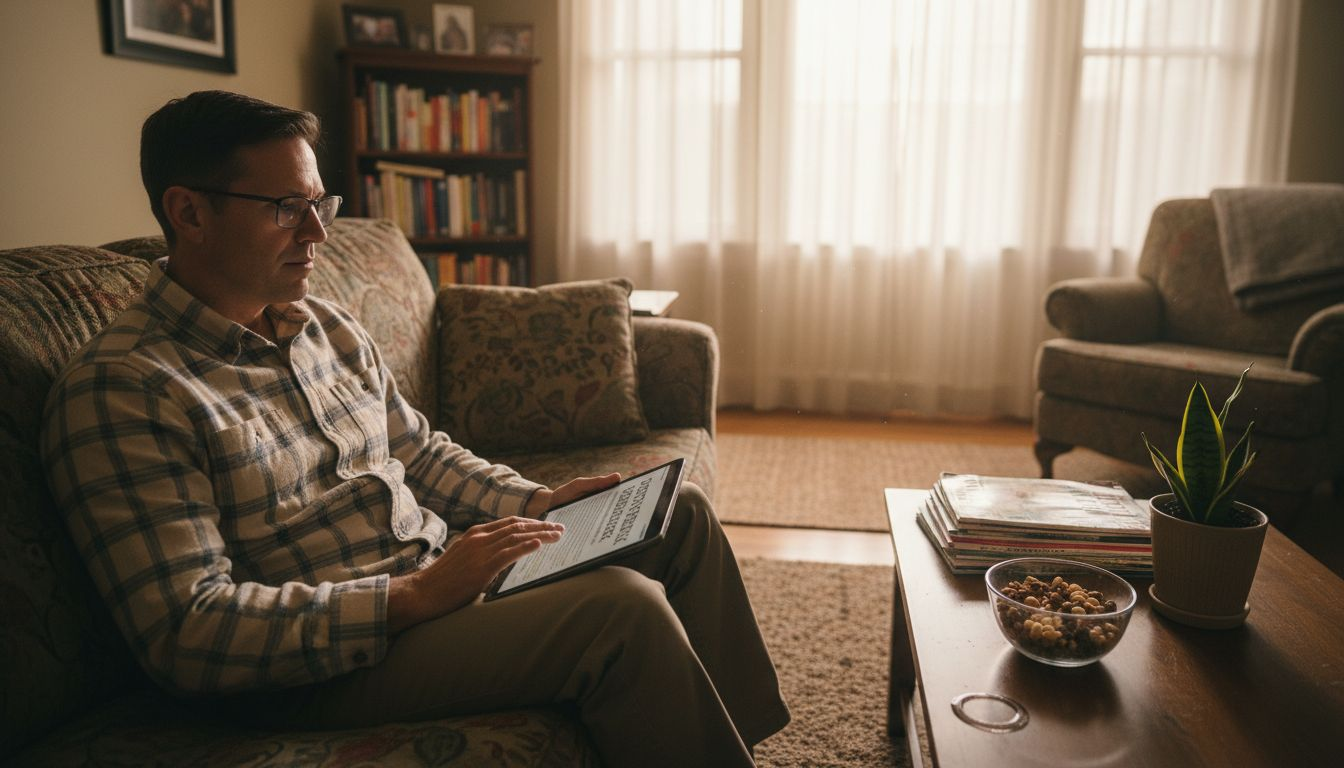 Man reading fiber health article at home