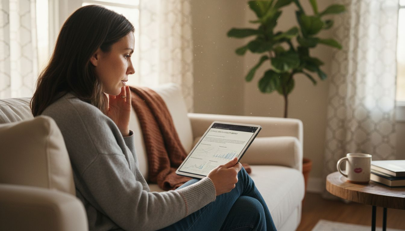 Woman reading about collagen skin benefits
