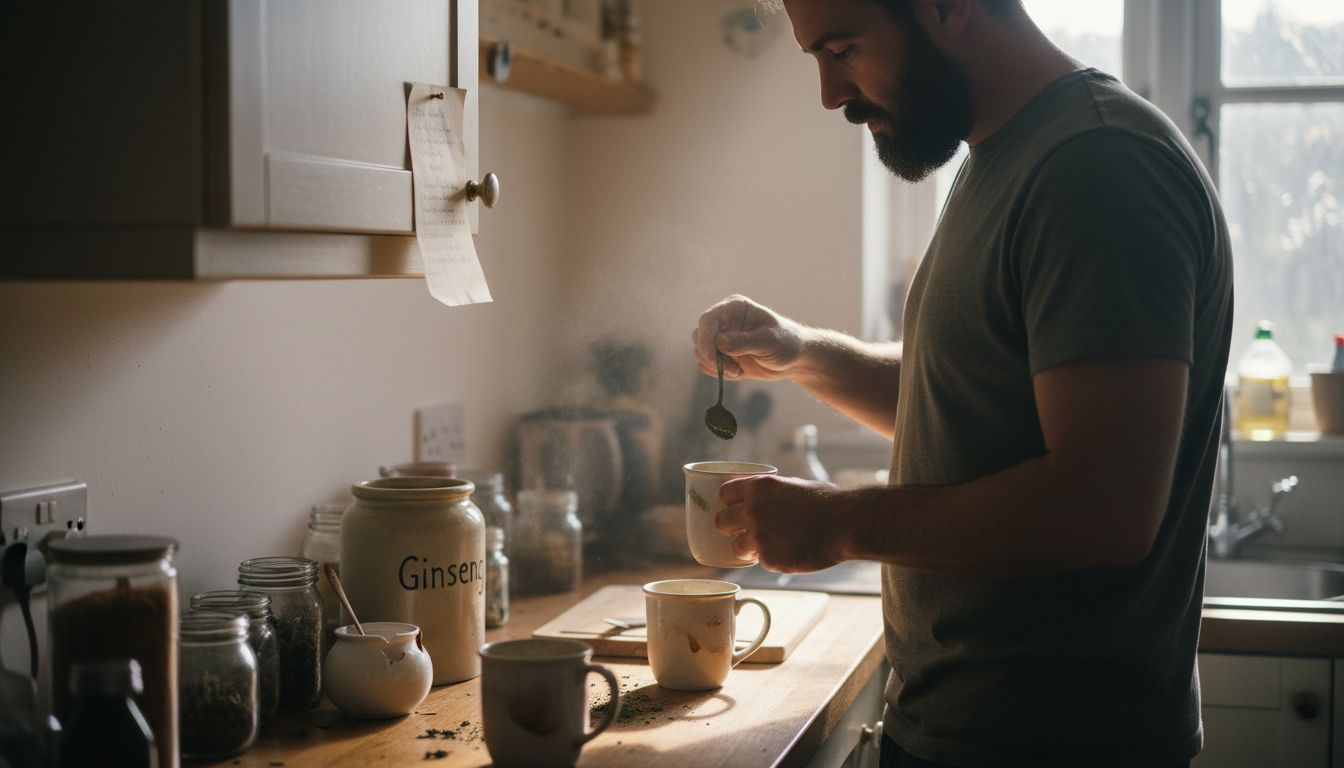 Man preparing adaptogen herbal tea at home