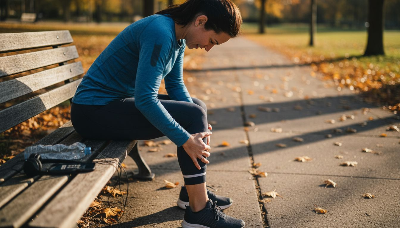 Runner massaging sore thigh post workout